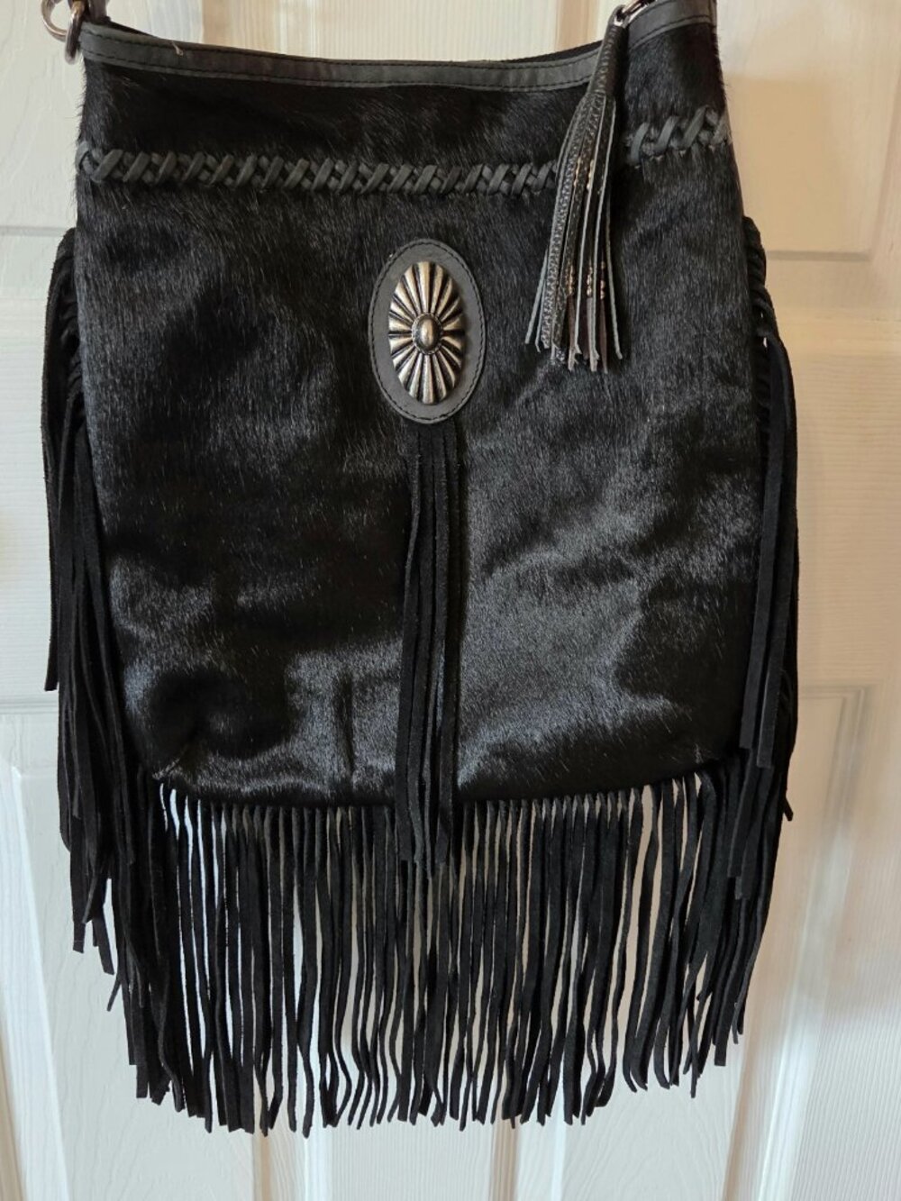 Idyllwind Black Suede Leather w/Faux Pony Hair Front Fringed Crossbody Bag Purse